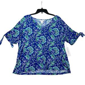 Liz Claiborne Blouse Women’s PXXL Petite Blue Floral Short Sleeve V-Neck Top NWT